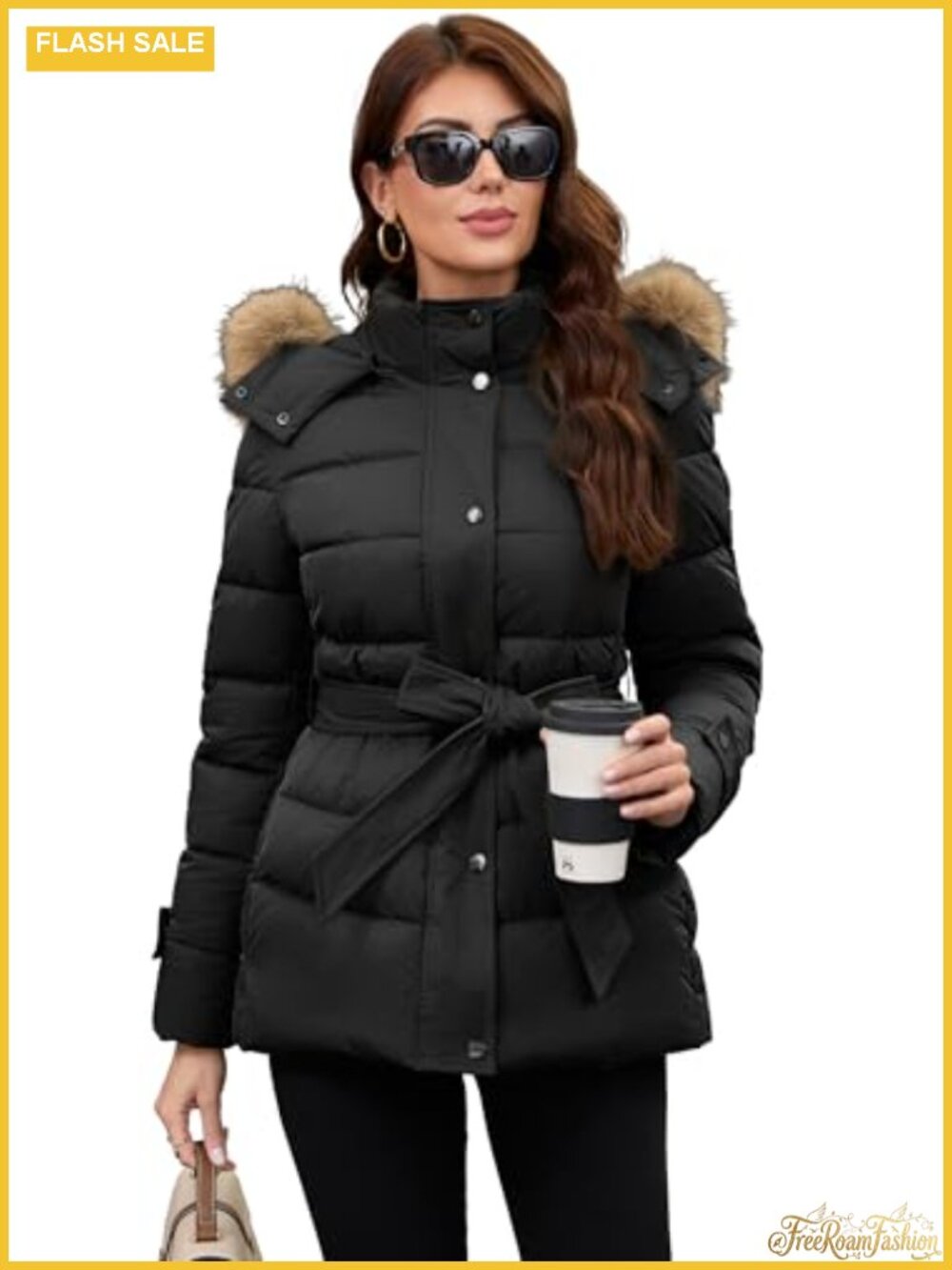 Womens Mid-Length Belted Puffer Coat Detachable Faux Fur Collar Winter Jacket